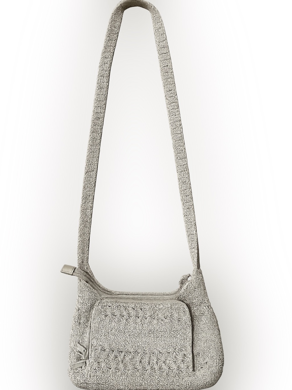 Amanda Smith Beige Crochet Knit Crossbody Shoulder Bag Boho Zip Pocket